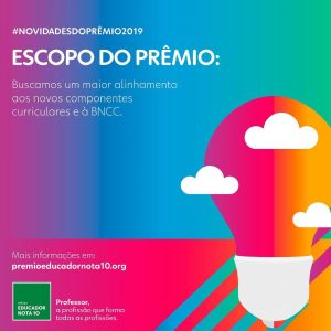 Banner do prêmio com elementos didáticos e o texto: ESCOPO DO PRÊMIO: buscamos um maior alinhamento aos novos componentes curriculares e à BNCC.