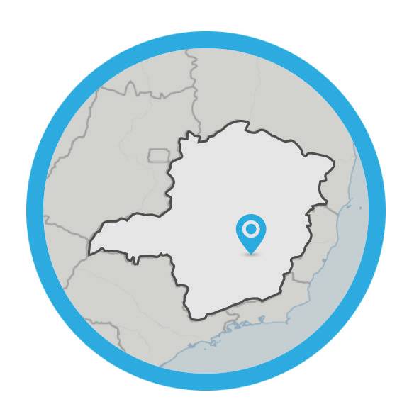 Mapa do estado de Minas Gerais apresenta a localização de Belo Horizonte. O mapa é cinza e a indicação da cidade é em azul na região centro-oeste do estado.