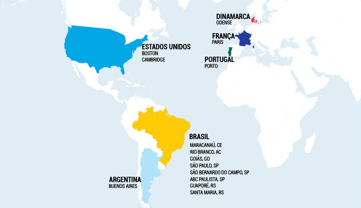 Mapa Mundi com os países visitados pelo IRM em destaque, listados abaixo.