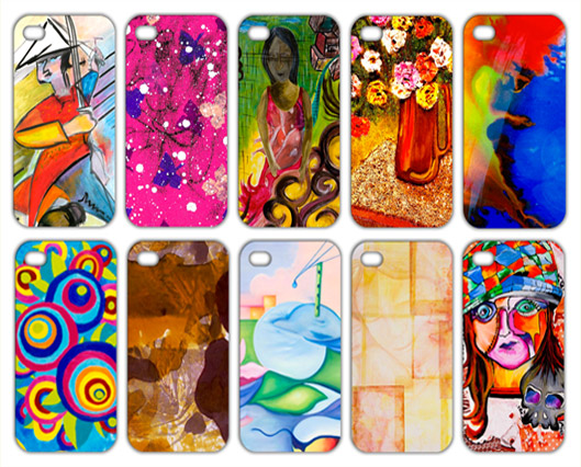 Dez capas de celular estampadas com obras de arte coloridas estão dispostas lado a lado, em dois grupos, em fundo branco.