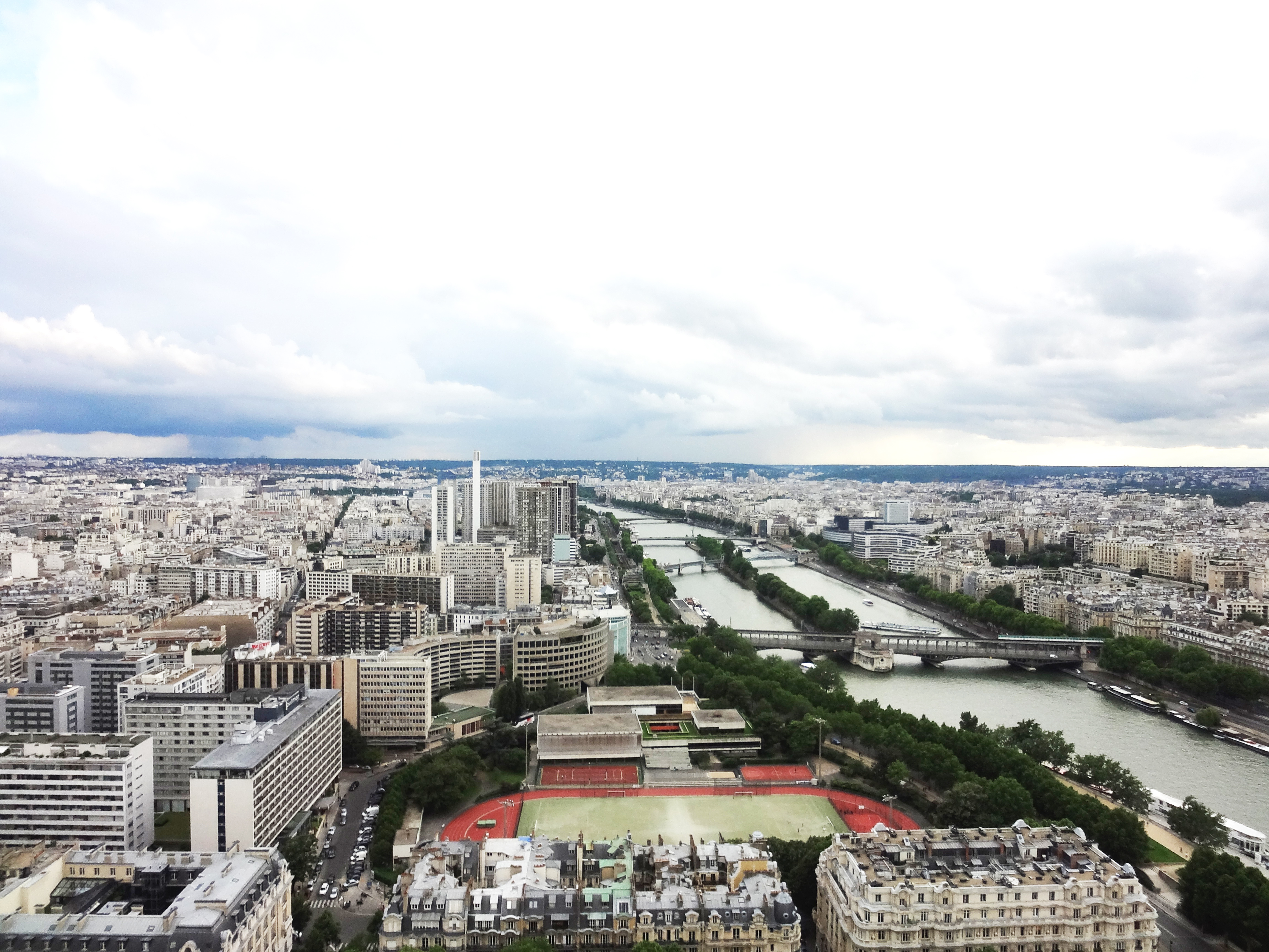 Vista panorâmica de Paris em dia nublado: muitos prédios de tamanhos variados, um rio corta a cidade e suas margens são arborizadas.