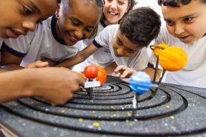 Cinco estudantes estão em volta do sistema solar interativo, material composto por uma maquete interativa do sistema solar, que simula o movimento dos planetas em suas órbitas. Alguns deles manuseiam as miniaturas dos planetas. Fim da descrição.